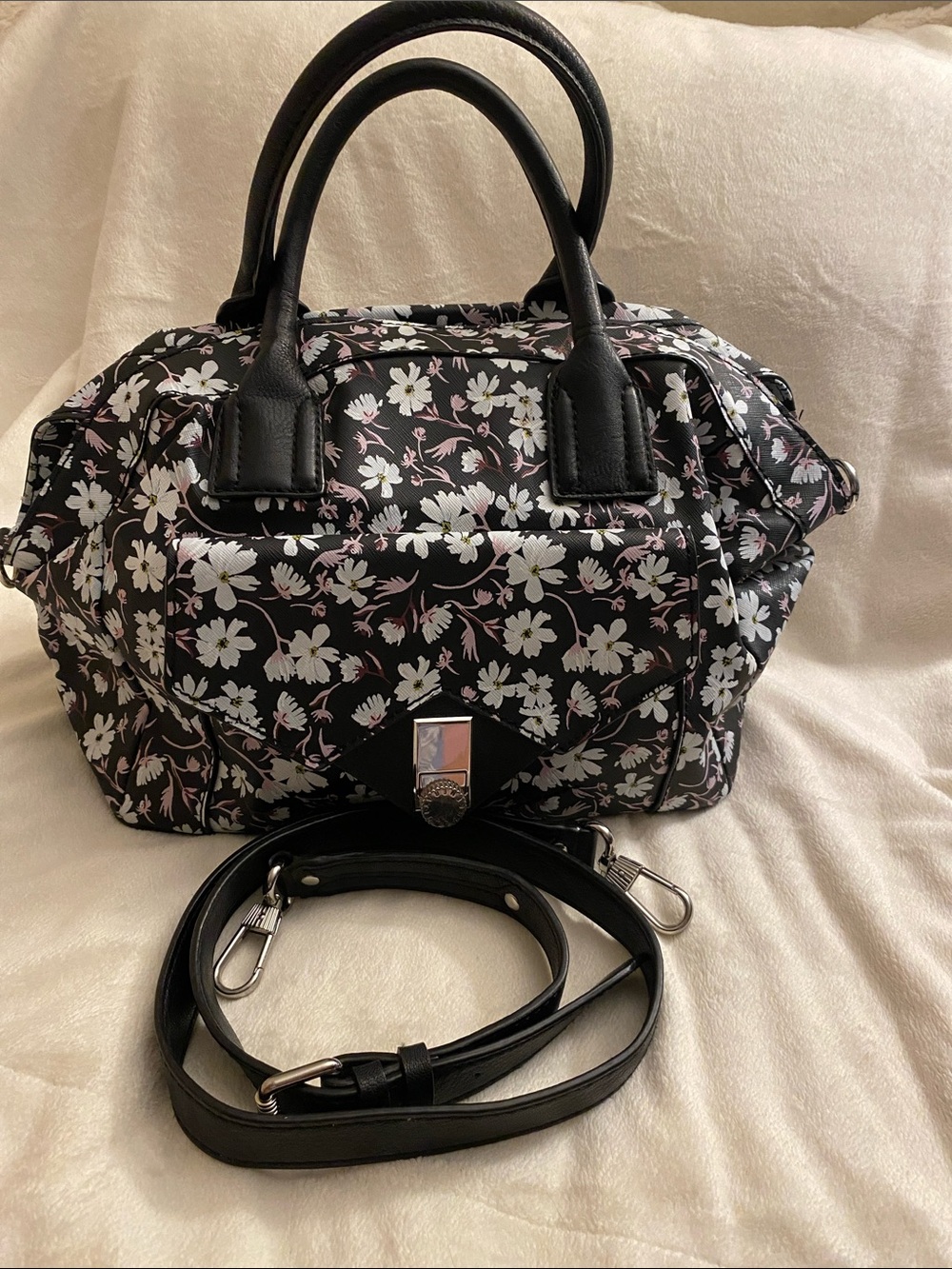 BCBG Generation Black Floral Satchel Handbag with Detachable Strap